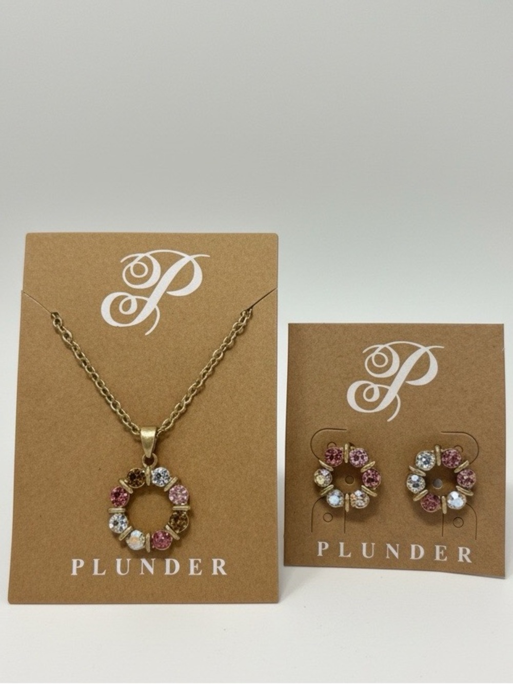 Plunder Gold-Tone Pink & Clear Crystal Wreath Necklace and Stud Earrings NWT